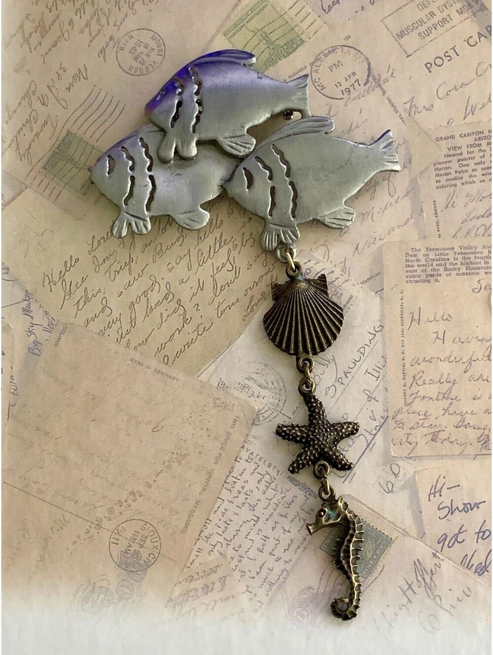 Vintage Whimsical Ocean Life Brooch with Fish, Starfish & Seahorse Charms